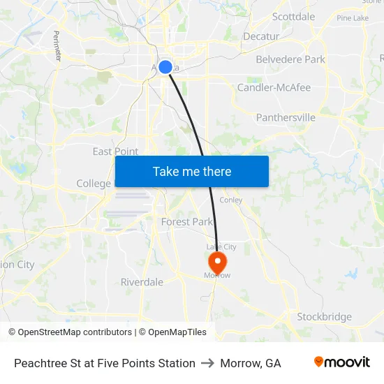 Peachtree St at Five Points Station to Morrow, GA map