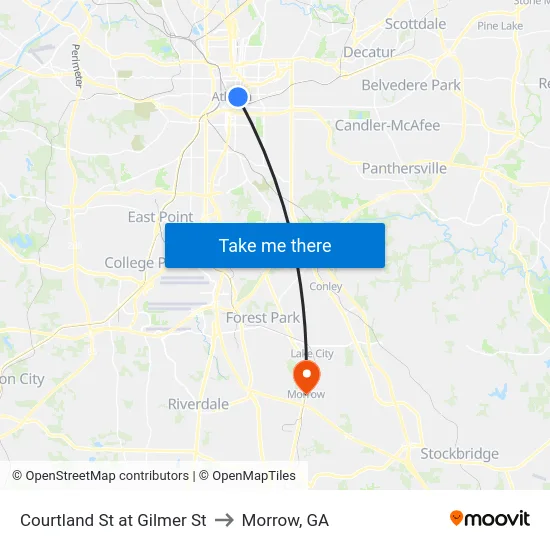 Courtland St at Gilmer St to Morrow, GA map