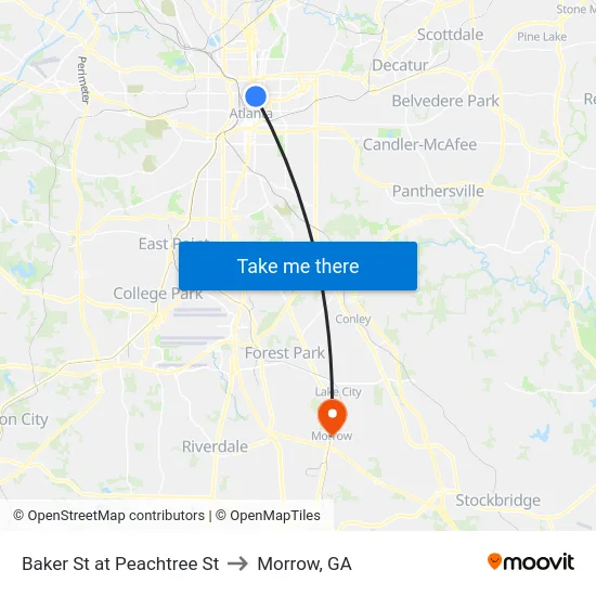 Baker St at Peachtree St to Morrow, GA map