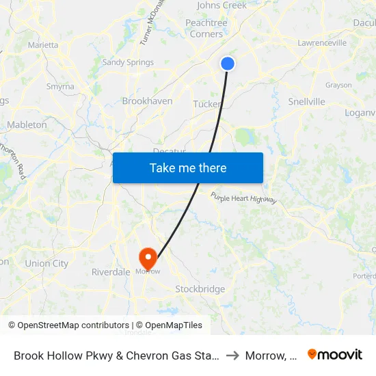 Brook Hollow Pkwy & Chevron Gas Station to Morrow, GA map