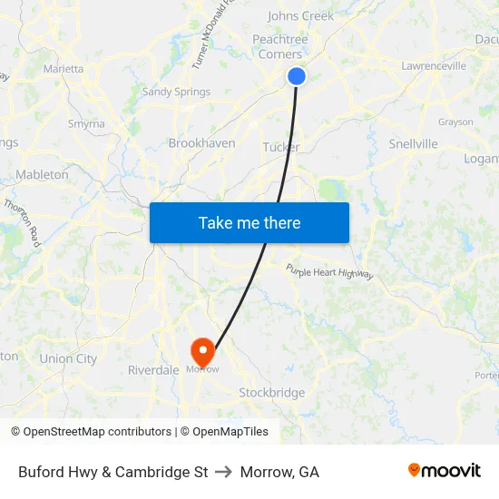 Buford Hwy & Cambridge St to Morrow, GA map