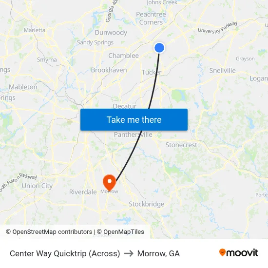 Center Way Quicktrip (Across) to Morrow, GA map