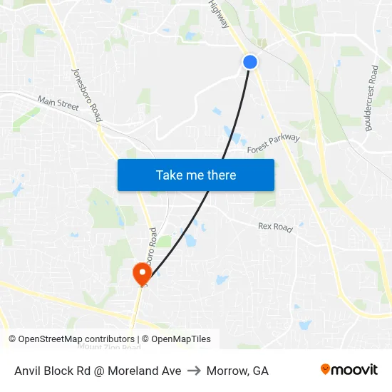 Anvil Block Rd @ Moreland Ave to Morrow, GA map