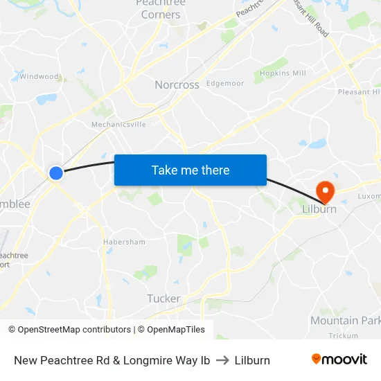 New Peachtree Rd & Longmire Way Ib to Lilburn map