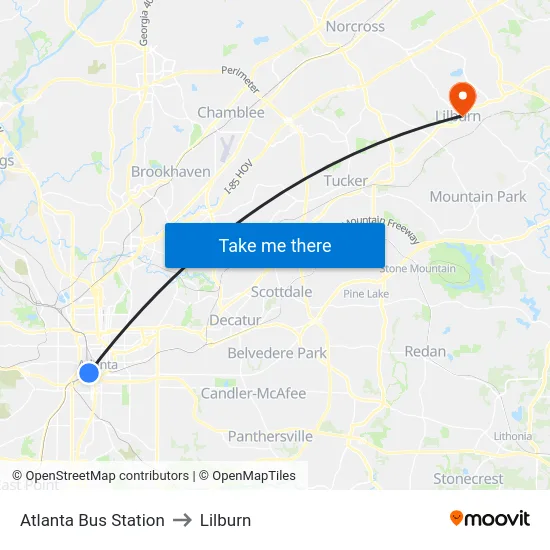 Atlanta Bus Station to Lilburn map