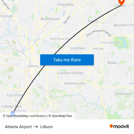 Atlanta Airport to Lilburn map