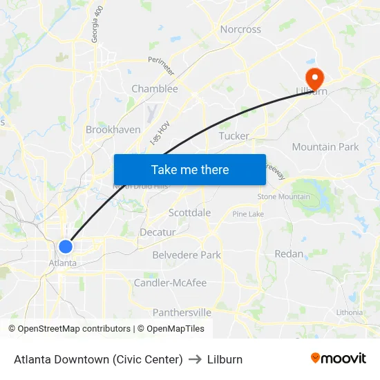 Atlanta Downtown (Civic Center) to Lilburn map