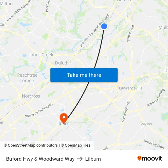 Buford Hwy & Woodward Way to Lilburn map