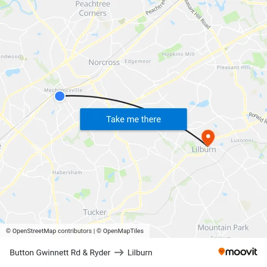 Button Gwinnett Rd & Ryder to Lilburn map