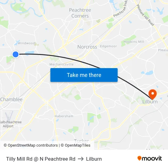 Tilly Mill Rd @ N Peachtree Rd to Lilburn map