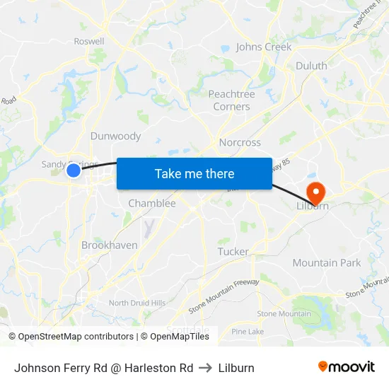 Johnson Ferry Rd @ Harleston Rd to Lilburn map