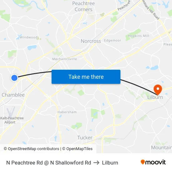 N Peachtree Rd @ N Shallowford Rd to Lilburn map