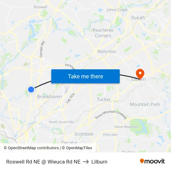Roswell Rd NE @ Wieuca Rd NE to Lilburn map