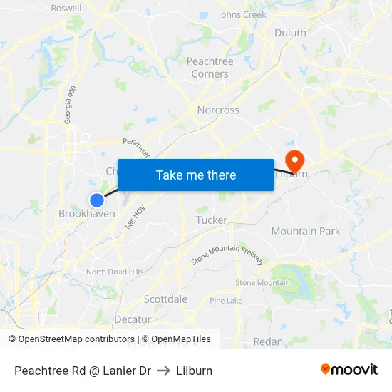 Peachtree Rd @ Lanier Dr to Lilburn map
