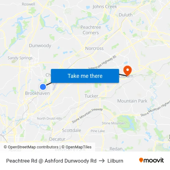 Peachtree Rd @ Ashford Dunwoody Rd to Lilburn map