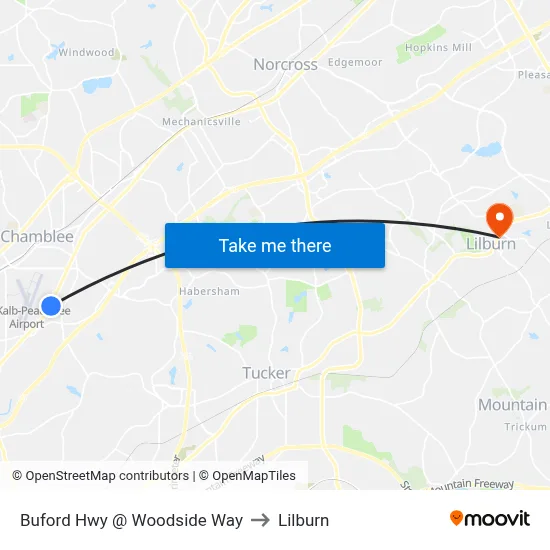 Buford Hwy @ Woodside Way to Lilburn map