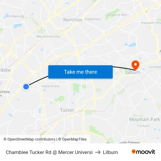 Chamblee Tucker Rd @ Mercer Universi to Lilburn map