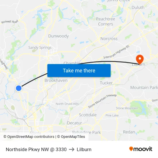 Northside Pkwy NW @ 3330 to Lilburn map