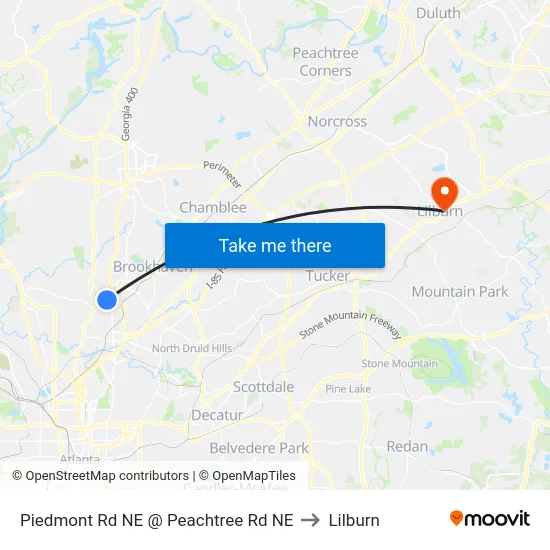 Piedmont Rd NE @ Peachtree Rd NE to Lilburn map