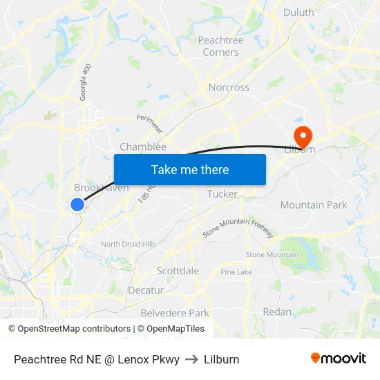 Peachtree Rd NE @ Lenox Pkwy to Lilburn map