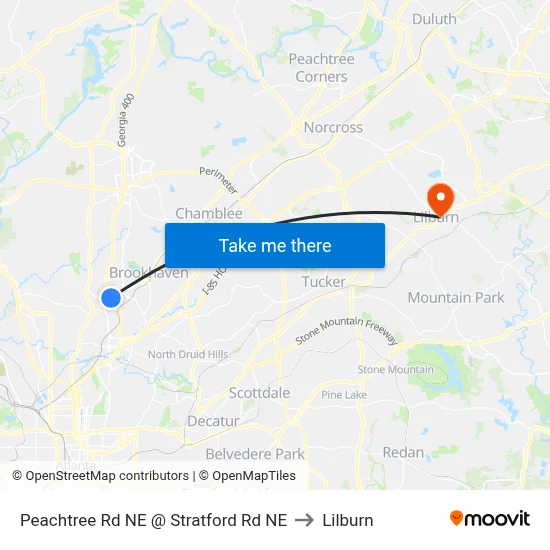 Peachtree Rd NE @ Stratford Rd NE to Lilburn map