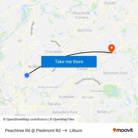 Peachtree Rd @ Piedmont Rd to Lilburn map