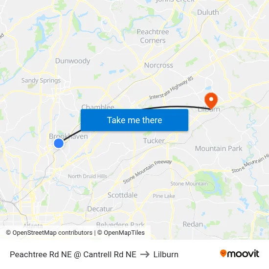 Peachtree Rd NE @ Cantrell Rd NE to Lilburn map
