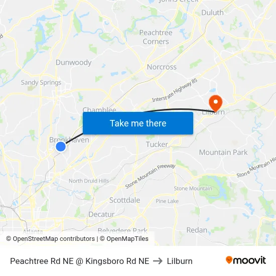 Peachtree Rd NE @ Kingsboro Rd NE to Lilburn map