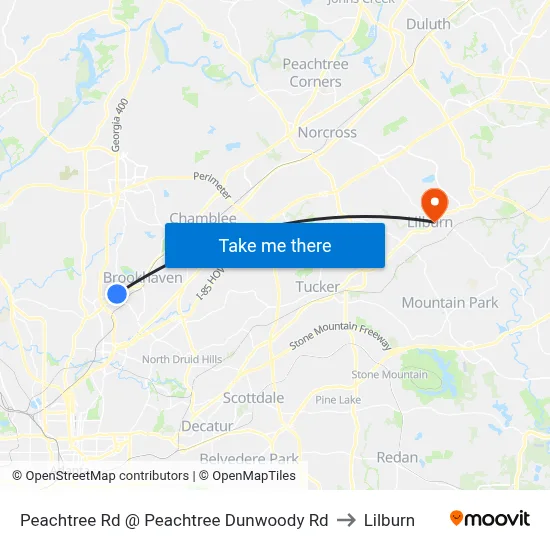 Peachtree Rd @ Peachtree Dunwoody Rd to Lilburn map