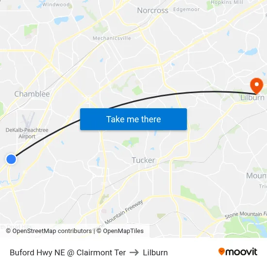 Buford Hwy NE @ Clairmont Ter to Lilburn map