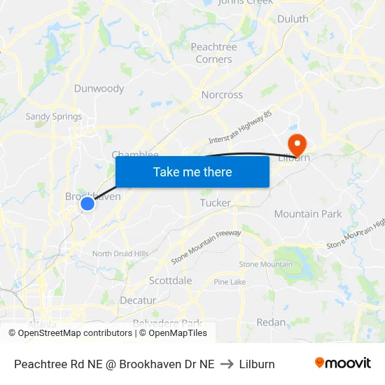 Peachtree Rd NE @ Brookhaven Dr NE to Lilburn map