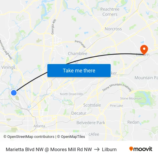 Marietta Blvd NW @ Moores Mill Rd NW to Lilburn map