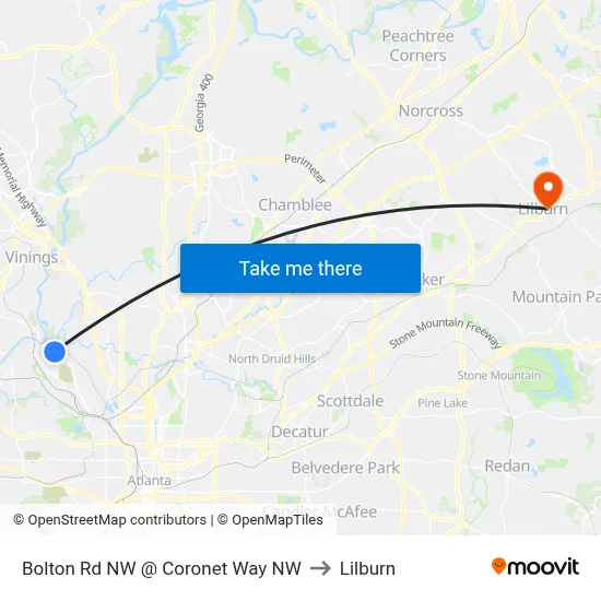 Bolton Rd NW @ Coronet Way NW to Lilburn map