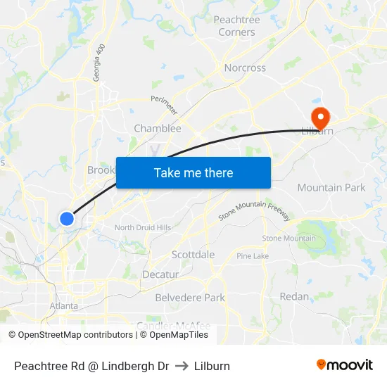 Peachtree Rd @ Lindbergh Dr to Lilburn map
