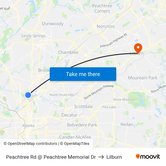 Peachtree Rd @ Peachtree Memorial Dr to Lilburn map
