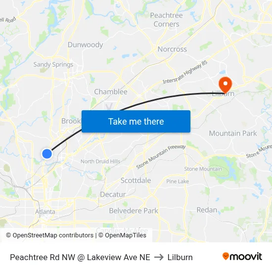 Peachtree Rd NW @ Lakeview Ave NE to Lilburn map