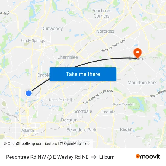 Peachtree Rd NW @ E Wesley Rd NE to Lilburn map