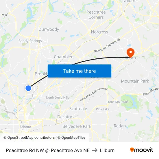 Peachtree Rd NW @ Peachtree Ave NE to Lilburn map