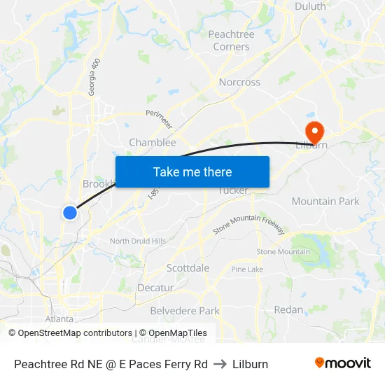Peachtree Rd NE @ E Paces Ferry Rd to Lilburn map