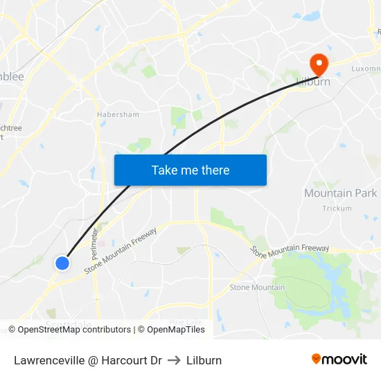 Lawrenceville @ Harcourt Dr to Lilburn map