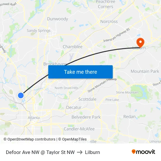 Defoor Ave NW @ Taylor St NW to Lilburn map