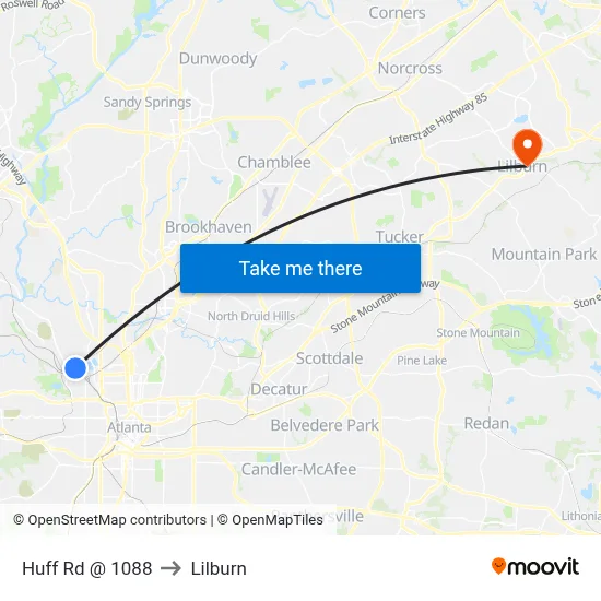 Huff Rd @ 1088 to Lilburn map