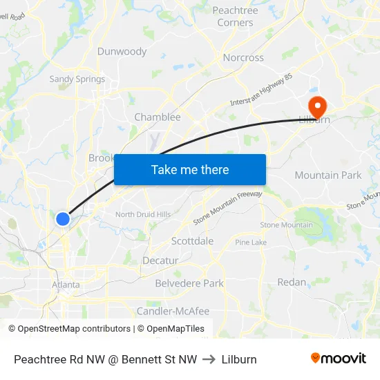 Peachtree Rd NW @ Bennett St NW to Lilburn map