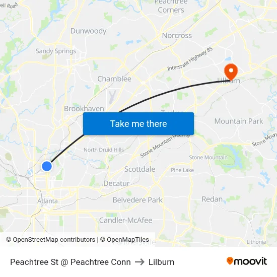 Peachtree St @ Peachtree Conn to Lilburn map