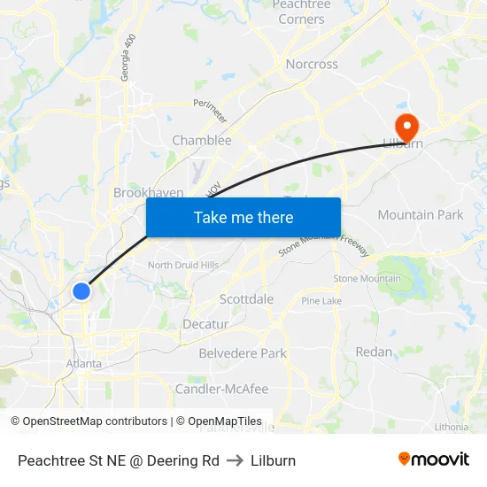 Peachtree St NE @ Deering Rd to Lilburn map