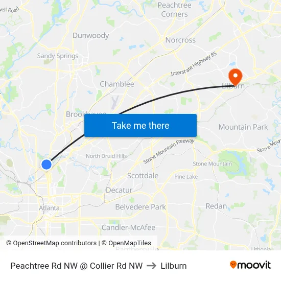 Peachtree Rd NW @ Collier Rd NW to Lilburn map