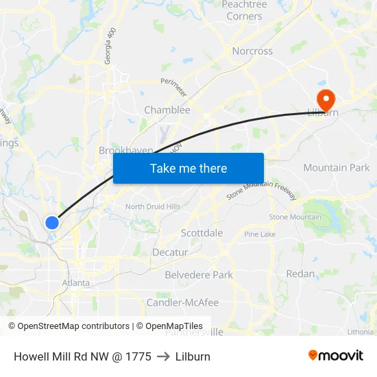 Howell Mill Rd NW @ 1775 to Lilburn map
