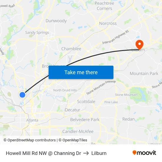 Howell Mill Rd NW @ Channing Dr to Lilburn map