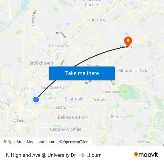 N Highland Ave @ University Dr to Lilburn map