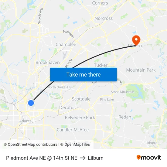 Piedmont Ave NE @ 14th St NE to Lilburn map